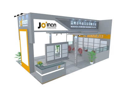 54平米展臺設計制作：三面開口/現(xiàn)代/木質(zhì)結(jié)構(gòu)/灰色，為五金展展商而作（免費使用）