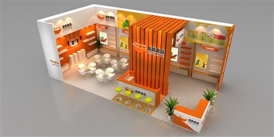 72平米展臺設(shè)計(jì)制作：二面開口/現(xiàn)代/木質(zhì)結(jié)構(gòu)/橙色，為食品展展商而作（免費(fèi)使用）