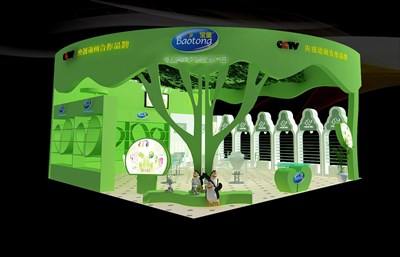 64平米展臺設計制作：二面開口/卡通/木質結構/綠色，為嬰幼展展商而作（免費使用）