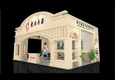 54平米展臺(tái)設(shè)計(jì)制作：三面開口/歐式/木質(zhì)結(jié)構(gòu)/米色，為紡織展展商而作（免費(fèi)使用）