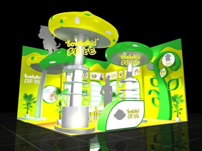 36平米展臺設計制作：二面開口/卡通/木質結構/黃色，為嬰幼展展商而作（免費使用）