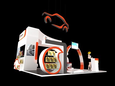 36平米展臺(tái)設(shè)計(jì)制作：三面開口/現(xiàn)代/木質(zhì)結(jié)構(gòu)/橙色，為汽配展展商而作（免費(fèi)使用）