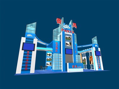 72平米展臺設(shè)計制作：四面開口/現(xiàn)代/型材結(jié)構(gòu)/藍(lán)色，為成就招商展展商而作（免費使用）