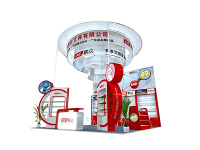 36平米展臺設(shè)計制作：三面開口/現(xiàn)代/木質(zhì)結(jié)構(gòu)/紅色，為文具圖書展展商而作（免費(fèi)使用）