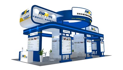 90平米展臺(tái)設(shè)計(jì)制作：一面開口/現(xiàn)代/木質(zhì)結(jié)構(gòu)/藍(lán)色，為金融展展商而作（免費(fèi)使用）