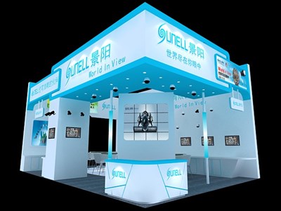 72平米展臺(tái)設(shè)計(jì)制作：三面開(kāi)口/現(xiàn)代/木質(zhì)結(jié)構(gòu)/藍(lán)色，為安防展展商而作（免費(fèi)使用）