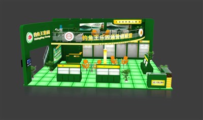 108平米展臺設(shè)計制作：三面開口/現(xiàn)代/木質(zhì)結(jié)構(gòu)/綠色，為釣具展展商而作（免費使用）