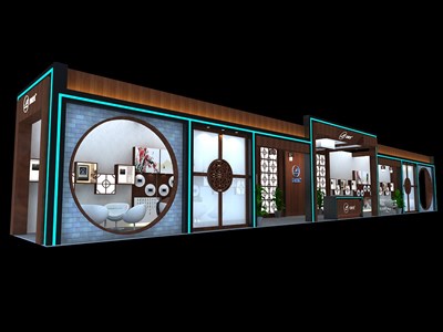 72平米展臺設(shè)計(jì)制作：三面開口/中式/木質(zhì)結(jié)構(gòu)/咖啡色，為安防展展商而作（免費(fèi)使用）
