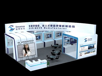 108平米展臺設(shè)計(jì)制作：三面開口/現(xiàn)代/木質(zhì)結(jié)構(gòu)/白色，為安防展展商而作（免費(fèi)使用）