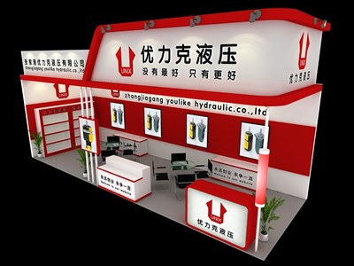 27平米展臺設(shè)計制作：二面開口/現(xiàn)代/木質(zhì)結(jié)構(gòu)/紅色，為汽配展展商而作（免費使用）