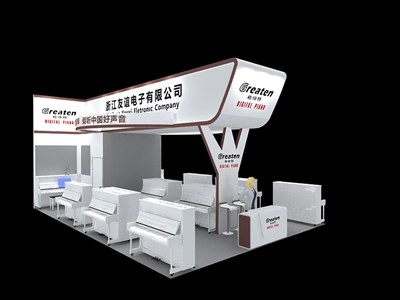 54平米展臺設(shè)計(jì)制作：三面開口/現(xiàn)代/木質(zhì)結(jié)構(gòu)/白色，為樂器展展商而作（免費(fèi)使用）