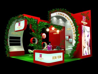 36平米展臺設(shè)計制作：三面開口/田園/木質(zhì)結(jié)構(gòu)/紅色，為美博會展商而作（免費使用）