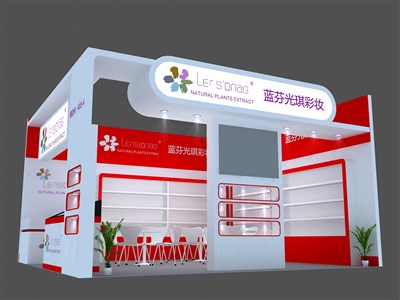 33平米展臺設(shè)計(jì)制作：二面開口/現(xiàn)代/木質(zhì)結(jié)構(gòu)/白色，為美博會展商而作（免費(fèi)使用）