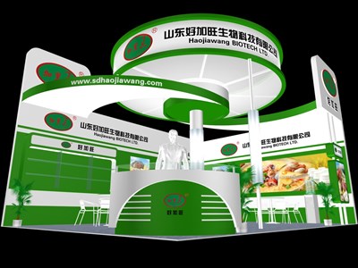48平米展臺設(shè)計制作：二面開口/現(xiàn)代/木質(zhì)結(jié)構(gòu)/綠色，為食品展展商而作（免費使用）