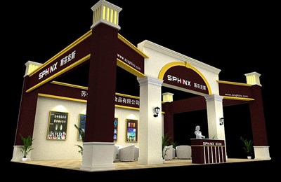 70平米展臺設(shè)計制作：三面開口/歐式/木質(zhì)結(jié)構(gòu)/米色，為食品展展商而作（免費使用）