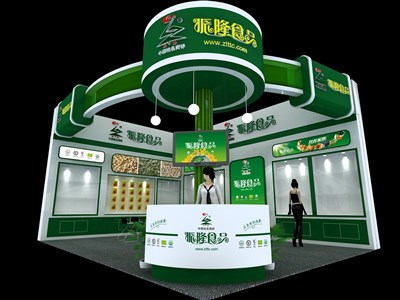 48平米展臺設計制作：二面開口/現(xiàn)代/木質結構/綠色，為食品展展商而作（免費使用）