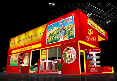 150平米展臺設(shè)計制作：四面開口/中式/木質(zhì)結(jié)構(gòu)/紅色，為食品展展商而作（免費使用）