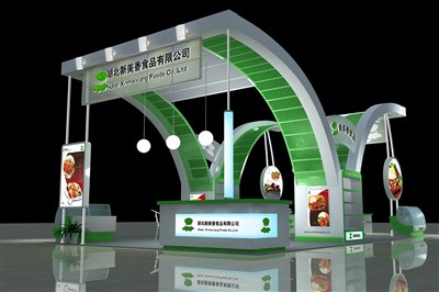 60平米展臺設(shè)計制作：四面開口/前衛(wèi)/木質(zhì)結(jié)構(gòu)/綠色，為食品展展商而作（免費使用）