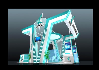 36平米展臺(tái)設(shè)計(jì)制作：三面開口/現(xiàn)代/木質(zhì)結(jié)構(gòu)/藍(lán)色，為家電展展商而作（免費(fèi)使用）