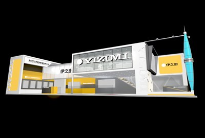 187平米展臺設計制作：三面開口/現(xiàn)代/雙層結構/黃色，為機械展展商而作（免費使用）