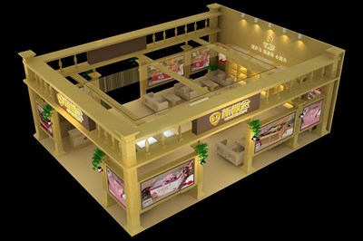 108平米展臺設(shè)計制作：三面開口/歐式/木質(zhì)結(jié)構(gòu)/黃色，為日用品展展商而作（免費使用）