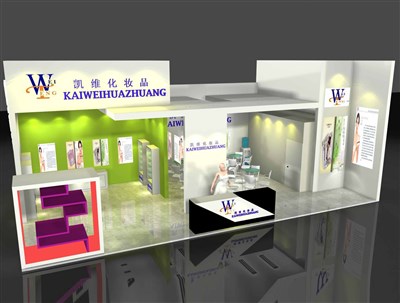 72平米展臺設(shè)計制作：二面開口/現(xiàn)代/木質(zhì)結(jié)構(gòu)/彩色，為美博會展商而作（免費使用）