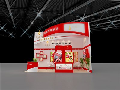 18平米展臺設(shè)計制作：二面開口/現(xiàn)代/木質(zhì)結(jié)構(gòu)/紅色，為食品展展商而作（免費使用）