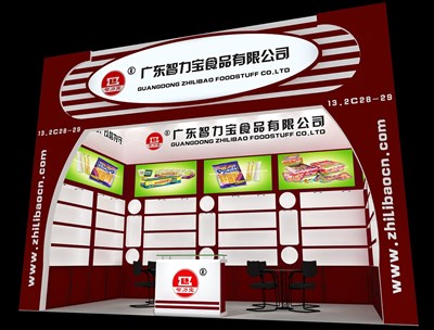 18平米展臺設(shè)計制作：一面開口/現(xiàn)代/木質(zhì)結(jié)構(gòu)/紅色，為食品展展商而作（免費使用）