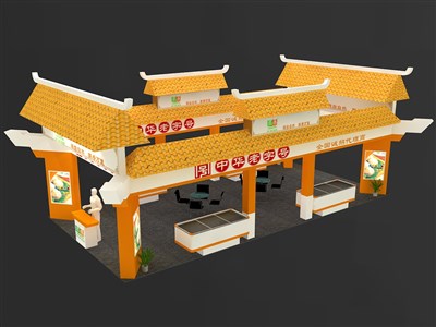 72平米展臺設計制作：四面開口/中式/木質(zhì)結(jié)構(gòu)/黃色，為食品展展商而作（免費使用）