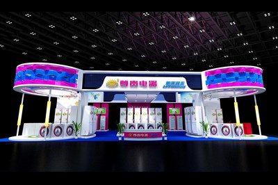 312平米展臺(tái)設(shè)計(jì)制作：四面開口/現(xiàn)代/木質(zhì)結(jié)構(gòu)/彩色，為家電展展商而作（免費(fèi)使用）