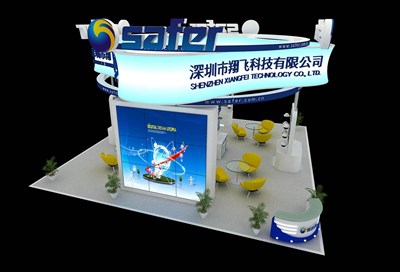 144平米展臺設計制作：四面開口/現(xiàn)代/木質結構/藍色，為安防展展商而作（免費使用）