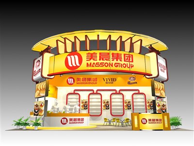 60平米展臺設(shè)計(jì)制作：三面開口/現(xiàn)代/木質(zhì)結(jié)構(gòu)/黃色，為食品展展商而作（免費(fèi)使用）
