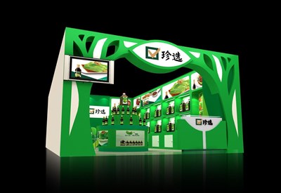 28平米展臺設(shè)計制作：一面開口/現(xiàn)代/木質(zhì)結(jié)構(gòu)/綠色，為食品展展商而作（免費(fèi)使用）