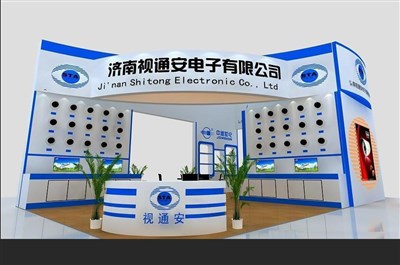 54平米展臺設(shè)計(jì)制作：三面開口/現(xiàn)代/木質(zhì)結(jié)構(gòu)/藍(lán)色，為安防展展商而作（免費(fèi)使用）
