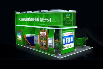 54平米展臺設計制作：三面開口/現(xiàn)代/木質(zhì)結構/綠色，為家電展展商而作（免費使用）