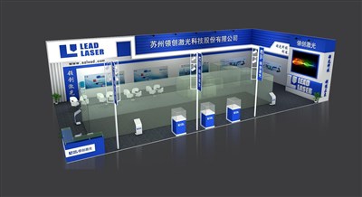 200平米展臺設計制作：二面開口/現(xiàn)代/木質結構/藍色，為機械展展商而作（免費使用）