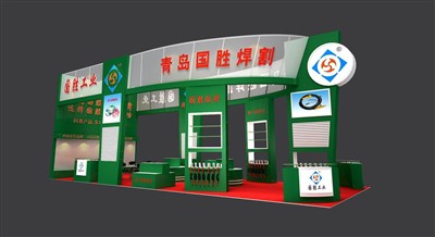 90平米展臺設(shè)計制作：三面開口/現(xiàn)代/木質(zhì)結(jié)構(gòu)/綠色，為機械展展商而作（免費使用）