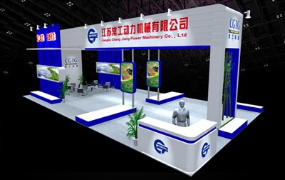 112平米展臺(tái)設(shè)計(jì)制作：四面開口/現(xiàn)代/木質(zhì)結(jié)構(gòu)/藍(lán)色，為機(jī)械展展商而作（免費(fèi)使用）