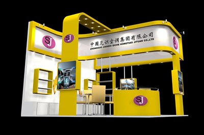 36平米展臺(tái)設(shè)計(jì)制作：三面開(kāi)口/現(xiàn)代/木質(zhì)結(jié)構(gòu)/黃色，為家電展展商而作（免費(fèi)使用）