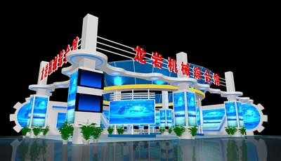 343.9平米展臺設(shè)計制作：四面開口/現(xiàn)代/木質(zhì)結(jié)構(gòu)/藍(lán)色，為機(jī)械展展商而作（免費使用）