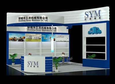 36平米展臺設(shè)計制作：三面開口/現(xiàn)代/木質(zhì)結(jié)構(gòu)/藍(lán)色，為機(jī)械展展商而作（免費(fèi)使用）