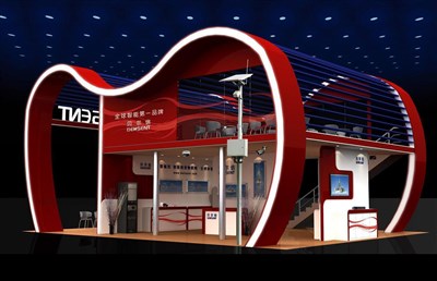 108平米展臺設(shè)計制作：四面開口/現(xiàn)代/雙層結(jié)構(gòu)/紅色，為電子展展商而作（免費使用）
