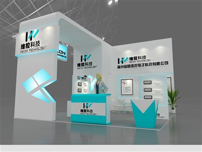 36平米展臺(tái)設(shè)計(jì)制作：三面開口/現(xiàn)代/木質(zhì)結(jié)構(gòu)/藍(lán)色，為電子展展商而作（免費(fèi)使用）