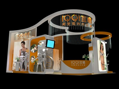 54平米展臺設計制作：三面開口/現(xiàn)代/木質結構/黃色，為嬰幼展展商而作（免費使用）