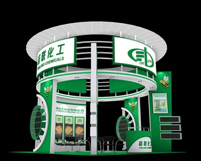 36平米展臺(tái)設(shè)計(jì)制作：四面開口/現(xiàn)代/木質(zhì)結(jié)構(gòu)/綠色，為化工展展商而作（免費(fèi)使用）