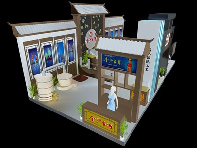 72平米展臺設計制作：三面開口/中式/木質(zhì)結(jié)構(gòu)/灰色，為糖酒展展商而作（免費使用）