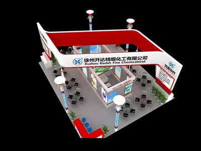120平米展臺設(shè)計制作：四面開口/現(xiàn)代/木質(zhì)結(jié)構(gòu)/紅色，為化工展展商而作（免費使用）
