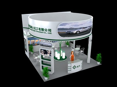 36平米展臺設計制作：三面開口/現(xiàn)代/木質結構/白色，為化工展展商而作（免費使用）