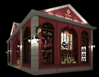 72平米展臺設(shè)計(jì)制作：一面開口/歐式/型材結(jié)構(gòu)/紅色，為糖酒展展商而作（免費(fèi)使用）