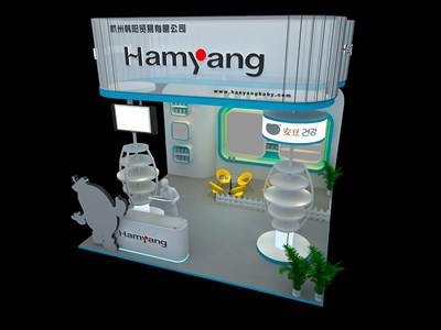 36平米展臺設計制作：三面開口/現(xiàn)代/木質結構/白色，為嬰幼展展商而作（免費使用）